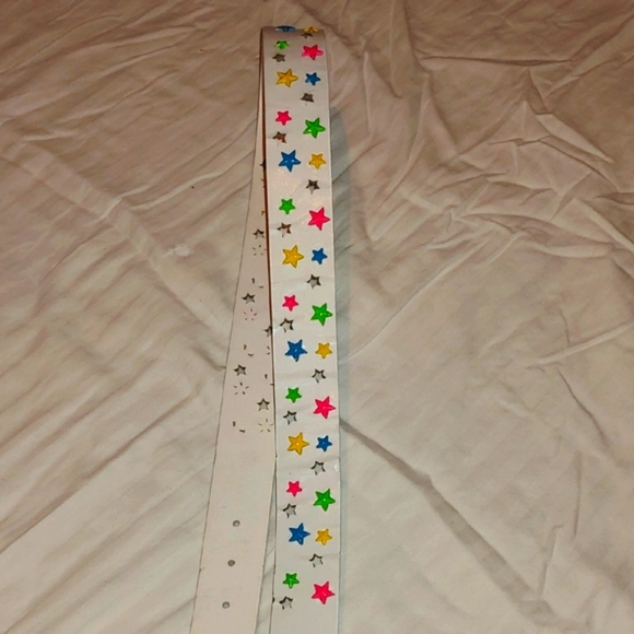 White Leather Belt with Colorful Star Studs & Star Cutouts * 43"L x 1.5"W - Picture 3 of 7